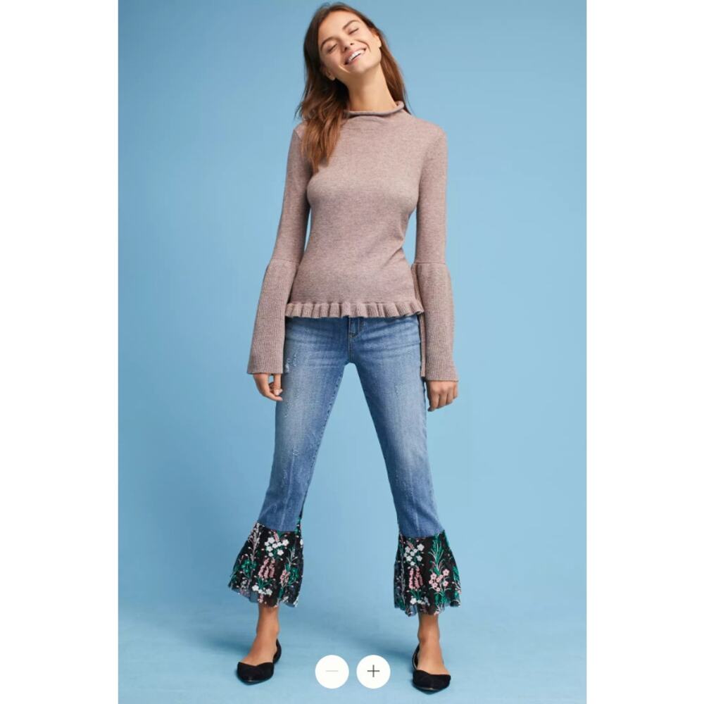 Pilcro Anthropologie Lace Flounce Hem Jean SZ 27 Womens Floral Blue Tiered Denim